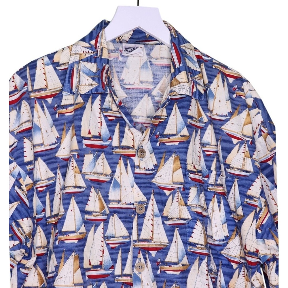Vintage Water Blocks Mens Nautical Sailboat Short Sleeve Shirt Hawaiian Cotton M
